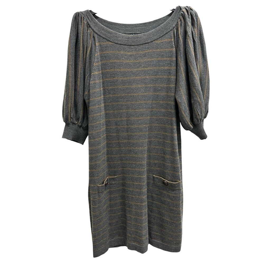 Nanette Lepore Grey Brown Merino Wool Striped LS Sweater Pockets Dress Sz Large